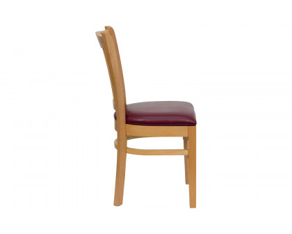 BLNK HERCULES Series Natural Wood Vertical Slat Back Restaurant Chair with Vinyl Seat - Burgundy