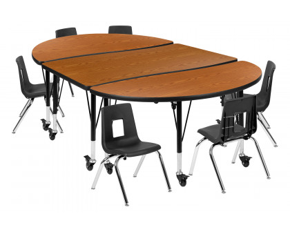 BLNK™ Emmy Mobile Oval Thermal Laminate Wave Flexible Activity Table Set - Oak, 76"L, with 12" Student Stack Chairs