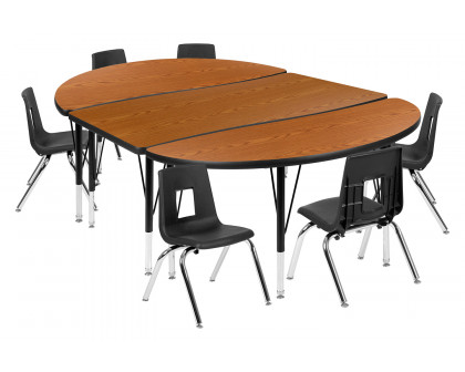 BLNK Emmy Oval Thermal Laminate Wave Flexible Activity Table Set with Chairs - Oak, 76"L, with 12" Student Stack Chairs