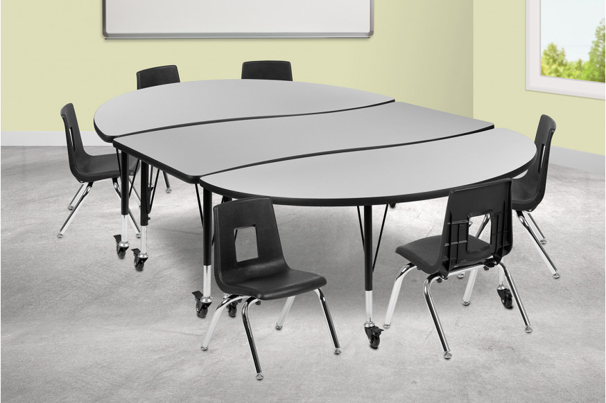 BLNK™ Emmy Mobile Oval Thermal Laminate Wave Flexible Activity Table Set - Gray, 86"L, with 12" Student Stack Chairs