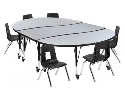 BLNK™ Emmy Mobile Oval Thermal Laminate Wave Flexible Activity Table Set - Gray, 86"L, with 12" Student Stack Chairs