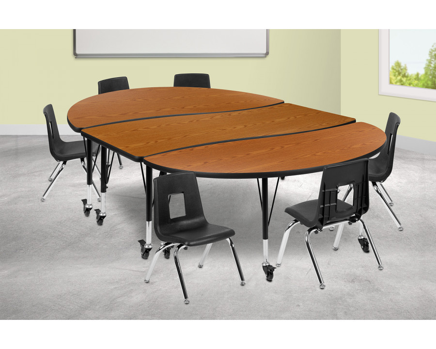 BLNK Emmy Mobile Oval Thermal Laminate Wave Flexible Activity Table Set - Oak, 86"L, with 12" Student Stack Chairs