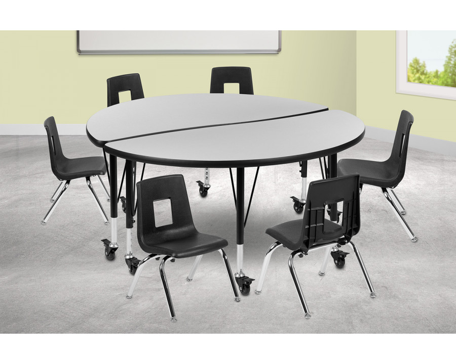 BLNK Emmy Mobile Circle Thermal Laminate Wave Flexible Activity Table Set - Gray, 47.5"D, with 12" Student Stack Chairs