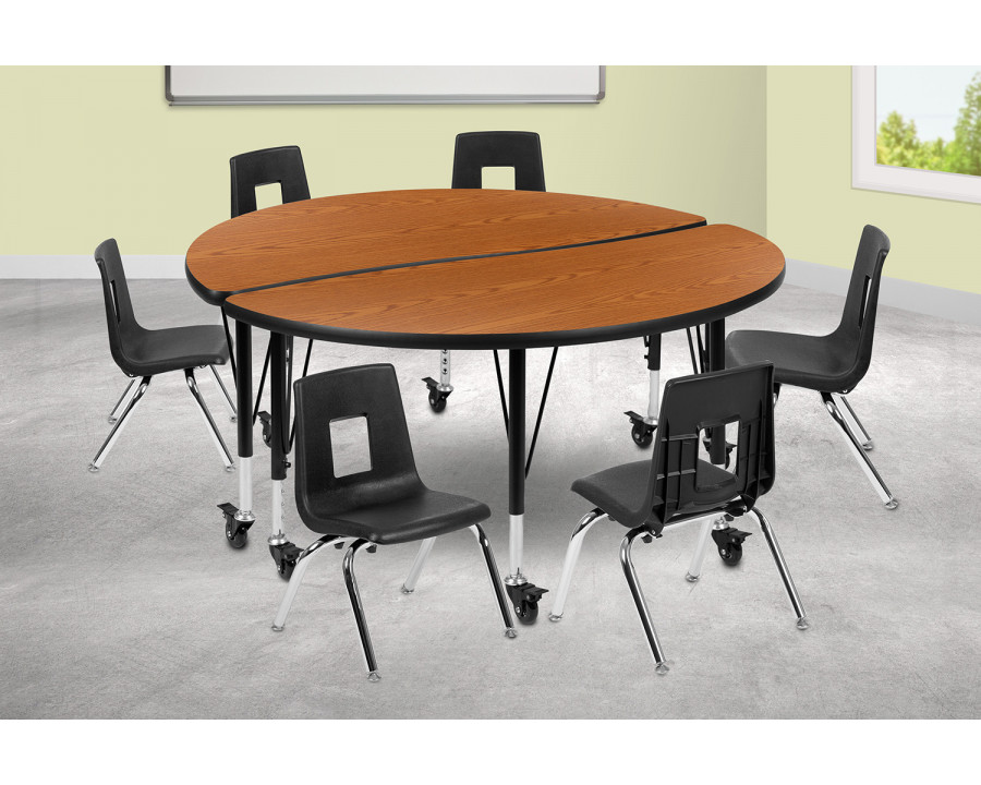 BLNK Emmy Mobile Circle Thermal Laminate Wave Flexible Activity Table Set - Oak, 47.5"D, with 12" Student Stack Chairs