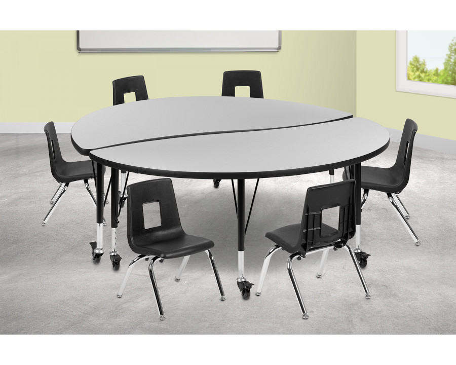 BLNK Emmy Mobile Circle Thermal Laminate Wave Flexible Activity Table Set - Gray, 60"D, with 12" Student Stack Chairs