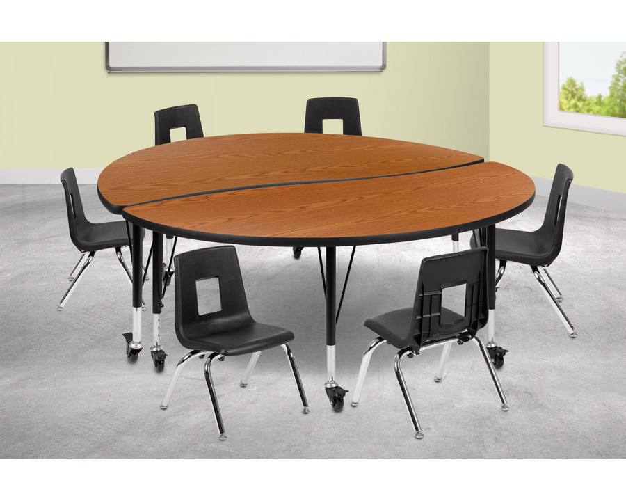 BLNK Emmy Mobile Circle Thermal Laminate Wave Flexible Activity Table Set - Oak, 60"D, with 12" Student Stack Chairs