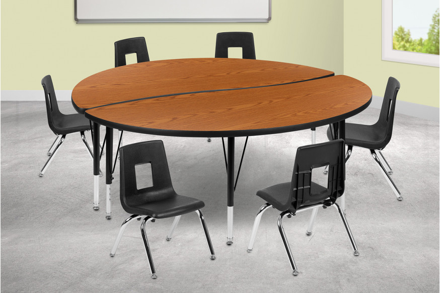 BLNK™ Emmy Circle Thermal Laminate Wave Flexible Activity Table Set - Oak, 60"D, with 12" Student Stack Chairs