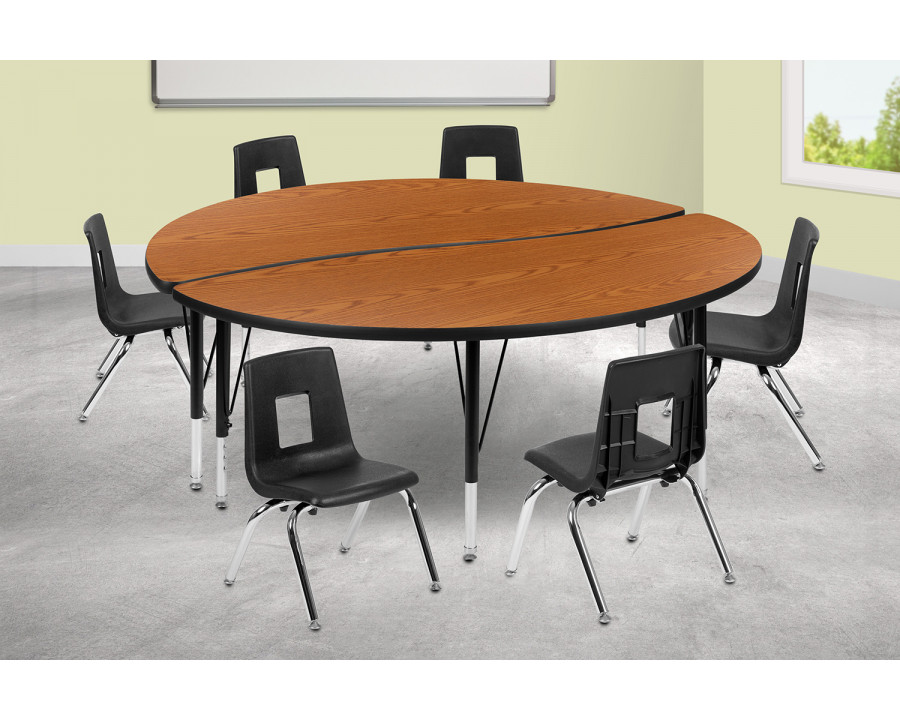 BLNK Emmy Circle Thermal Laminate Wave Flexible Activity Table Set - Oak, 60"D, with 12" Student Stack Chairs