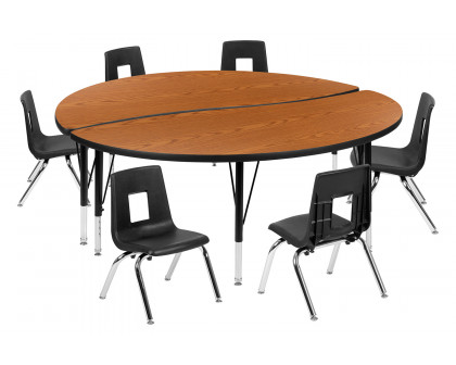 BLNK™ Emmy Circle Thermal Laminate Wave Flexible Activity Table Set - Oak, 60"D, with 12" Student Stack Chairs