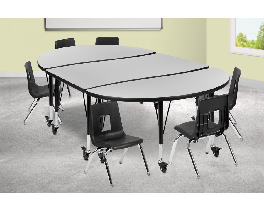 BLNK Emmy Mobile Oval Thermal Laminate Wave Flexible Activity Table Set - Gray, 76"L, with 14" Student Stack Chairs