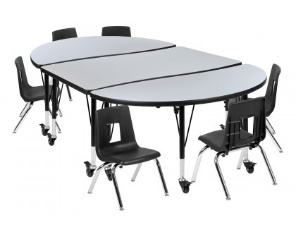 BLNK Emmy Mobile Oval Thermal Laminate Wave Flexible Activity Table Set - Gray, 76"L, with 14" Student Stack Chairs