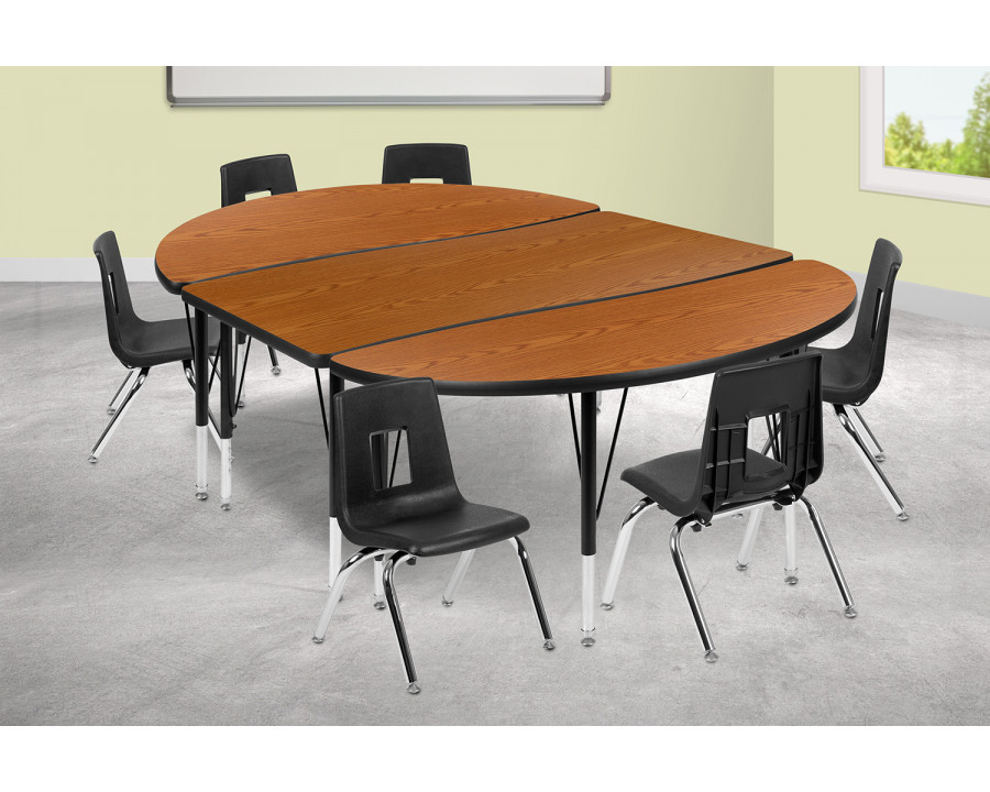 BLNK Emmy Oval Thermal Laminate Wave Flexible Activity Table Set with Chairs - Oak, 76"L, with 14" Student Stack Chairs