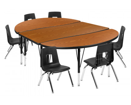 BLNK Emmy Oval Thermal Laminate Wave Flexible Activity Table Set with Chairs - Oak, 76"L, with 14" Student Stack Chairs