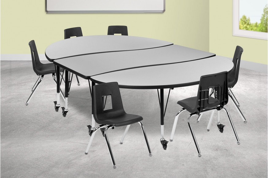 BLNK™ Emmy Mobile Oval Thermal Laminate Wave Flexible Activity Table Set - Gray, 86"L, with 14" Student Stack Chairs