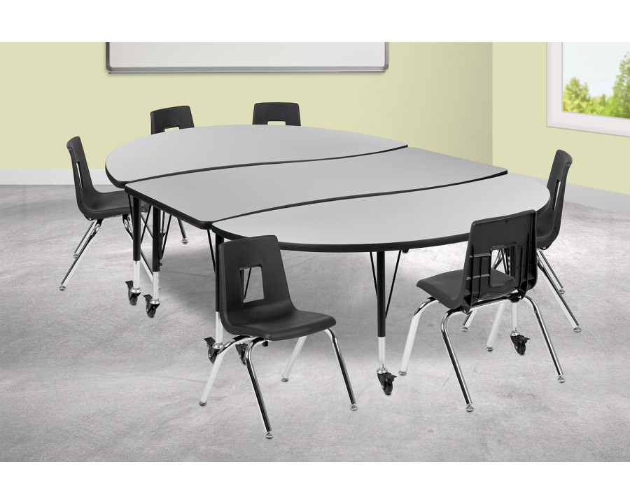 BLNK Emmy Mobile Oval Thermal Laminate Wave Flexible Activity Table Set - Gray, 86"L, with 14" Student Stack Chairs