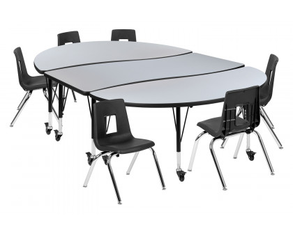 BLNK™ Emmy Mobile Oval Thermal Laminate Wave Flexible Activity Table Set - Gray, 86"L, with 14" Student Stack Chairs