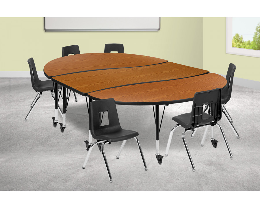 BLNK Emmy Mobile Oval Thermal Laminate Wave Flexible Activity Table Set - Oak, 86"L, with 14" Student Stack Chairs