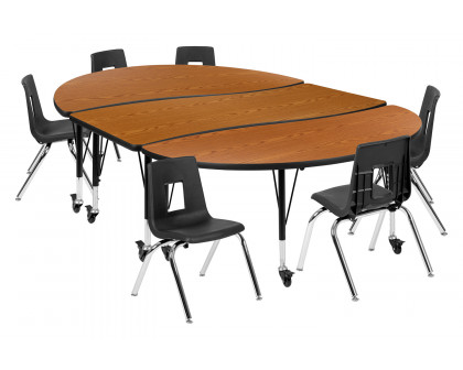 BLNK Emmy Mobile Oval Thermal Laminate Wave Flexible Activity Table Set - Oak, 86"L, with 14" Student Stack Chairs