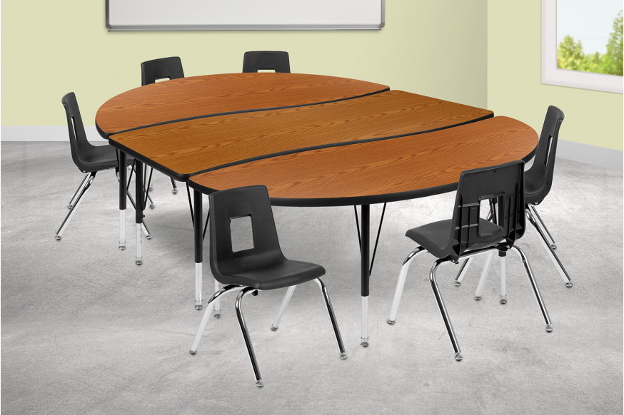 BLNK™ Emmy Oval Thermal Laminate Wave Flexible Activity Table Set with Chairs - Oak, 86"L, with 14" Student Stack Chairs