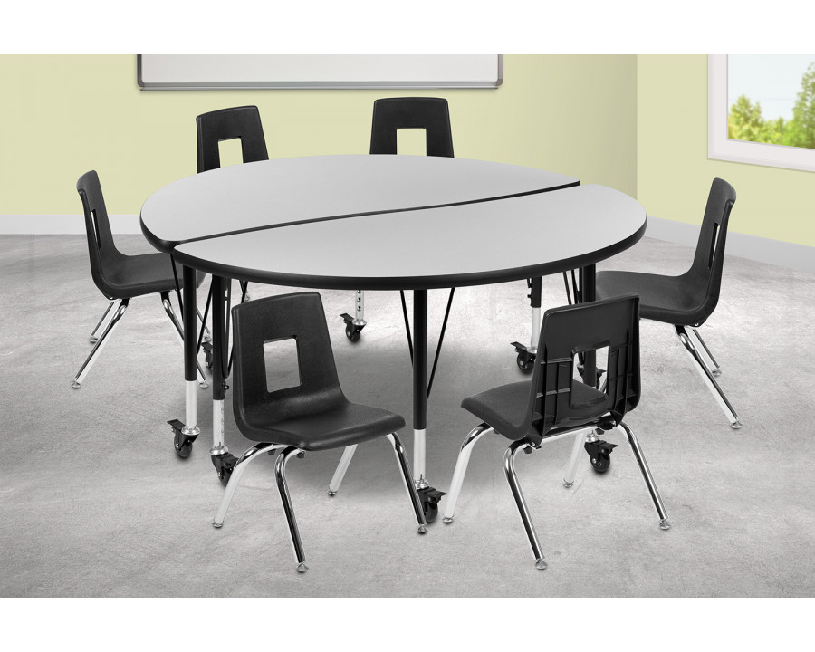 BLNK Emmy Mobile Circle Thermal Laminate Wave Flexible Activity Table Set - Gray, 47.5"D, with 14" Student Stack Chairs