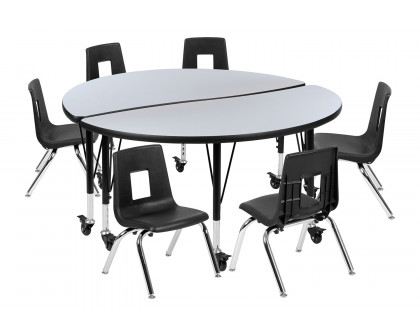 BLNK Emmy Mobile Circle Thermal Laminate Wave Flexible Activity Table Set - Gray, 47.5"D, with 14" Student Stack Chairs