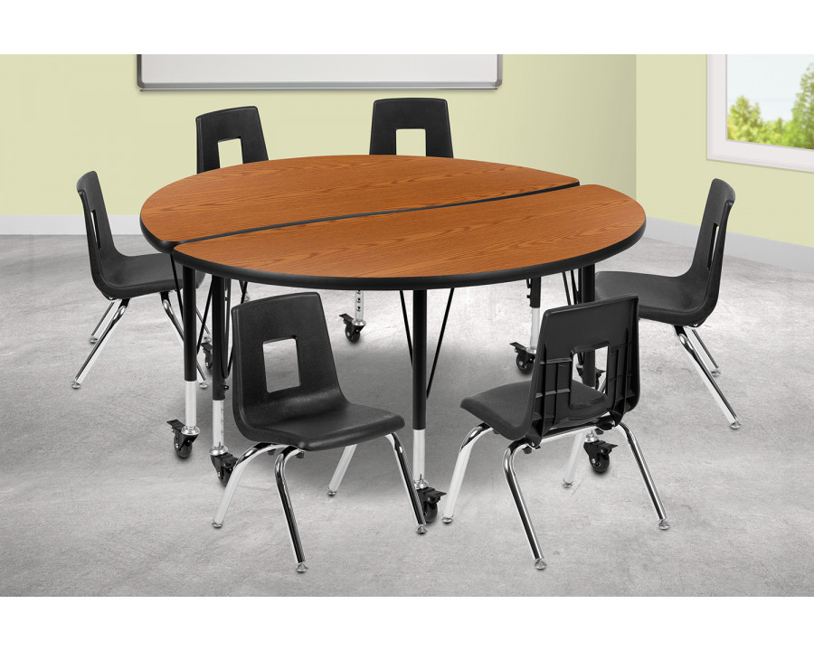 BLNK Emmy Mobile Circle Thermal Laminate Wave Flexible Activity Table Set - Oak, 47.5"D, with 14" Student Stack Chairs