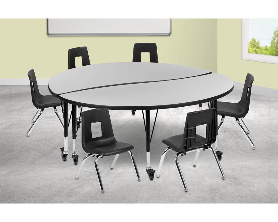 BLNK Emmy Mobile Circle Thermal Laminate Wave Flexible Activity Table Set - Gray, 60"D, with 14" Student Stack Chairs