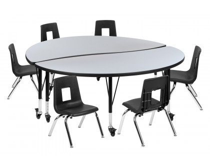 BLNK Emmy Mobile Circle Thermal Laminate Wave Flexible Activity Table Set - Gray, 60"D, with 14" Student Stack Chairs