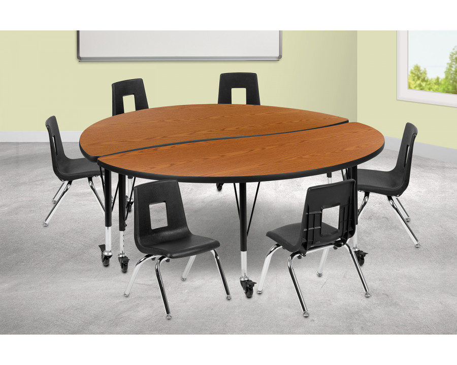 BLNK Emmy Mobile Circle Thermal Laminate Wave Flexible Activity Table Set - Oak, 60"D, with 14" Student Stack Chairs