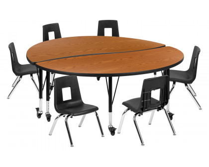 BLNK Emmy Mobile Circle Thermal Laminate Wave Flexible Activity Table Set - Oak, 60"D, with 14" Student Stack Chairs