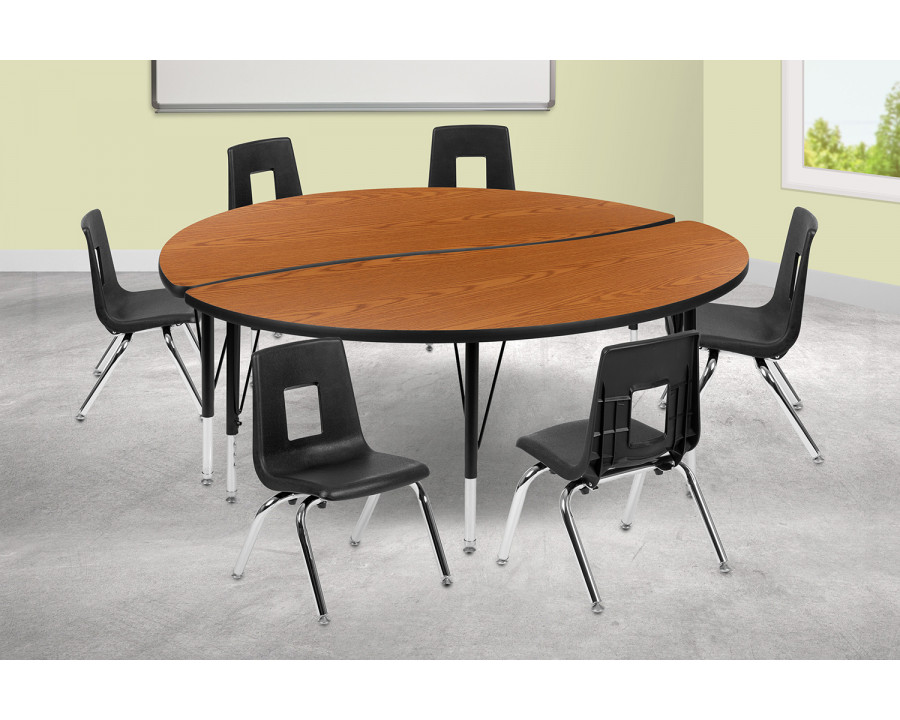 BLNK Emmy Circle Thermal Laminate Wave Flexible Activity Table Set - Oak, 60"D, with 14" Student Stack Chairs