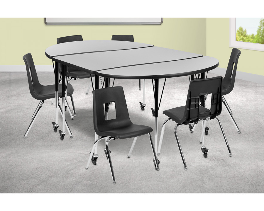 BLNK Emmy Mobile Oval Thermal Laminate Wave Flexible Activity Table Set - Gray, 76"L, with 16" Student Stack Chairs