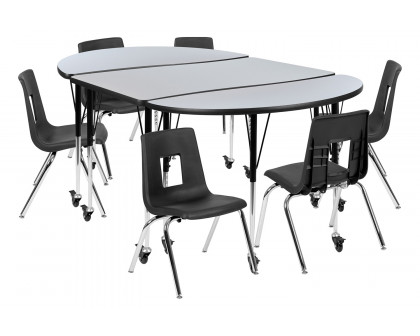 BLNK Emmy Mobile Oval Thermal Laminate Wave Flexible Activity Table Set - Gray, 76"L, with 16" Student Stack Chairs