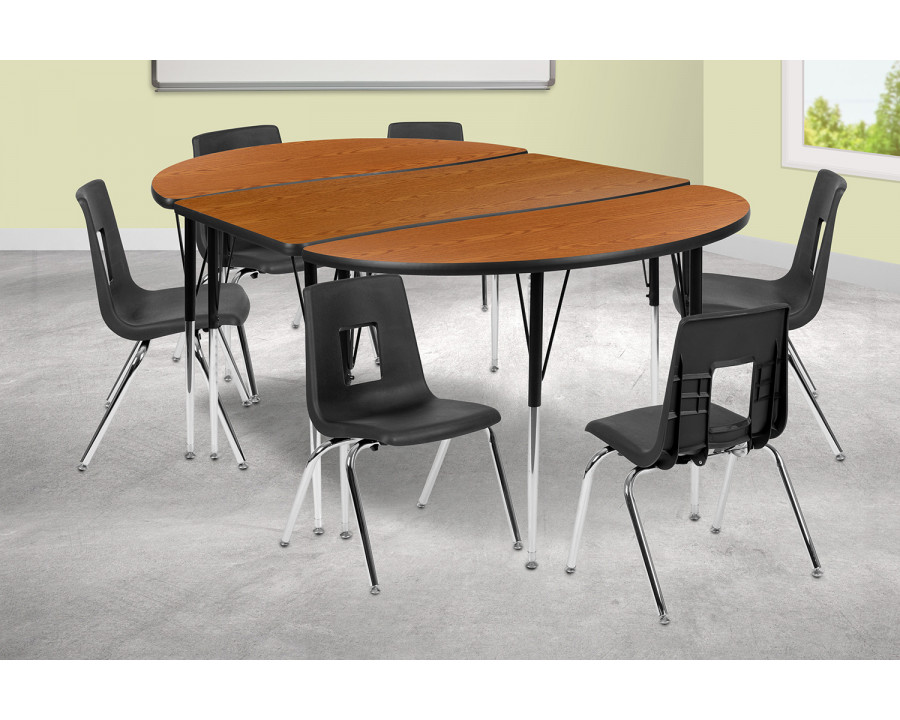 BLNK Emmy Oval Thermal Laminate Wave Flexible Activity Table Set with Chairs - Oak, 76"L, with 16" Student Stack Chairs