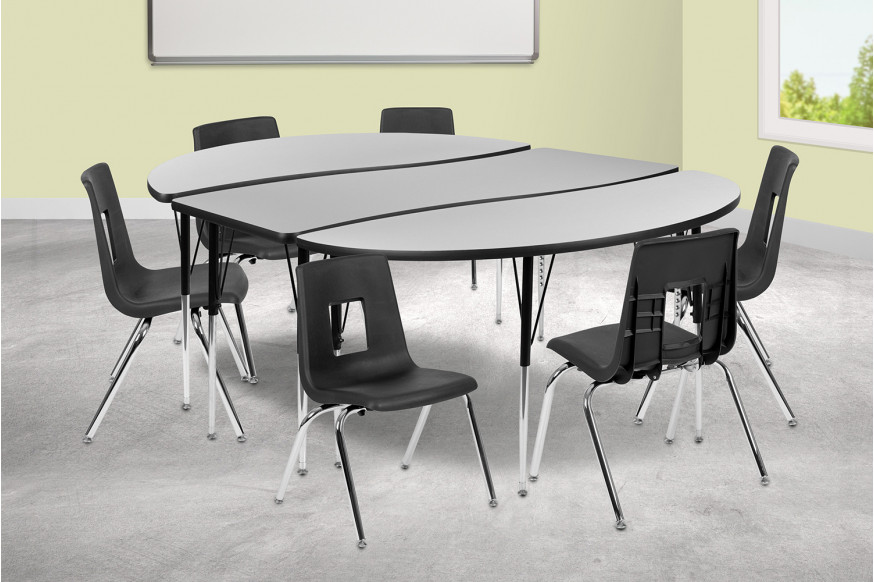 BLNK™ Emmy Oval Thermal Laminate Wave Flexible Activity Table Set with Chairs - Gray, 86"L, with 16" Student Stack Chairs