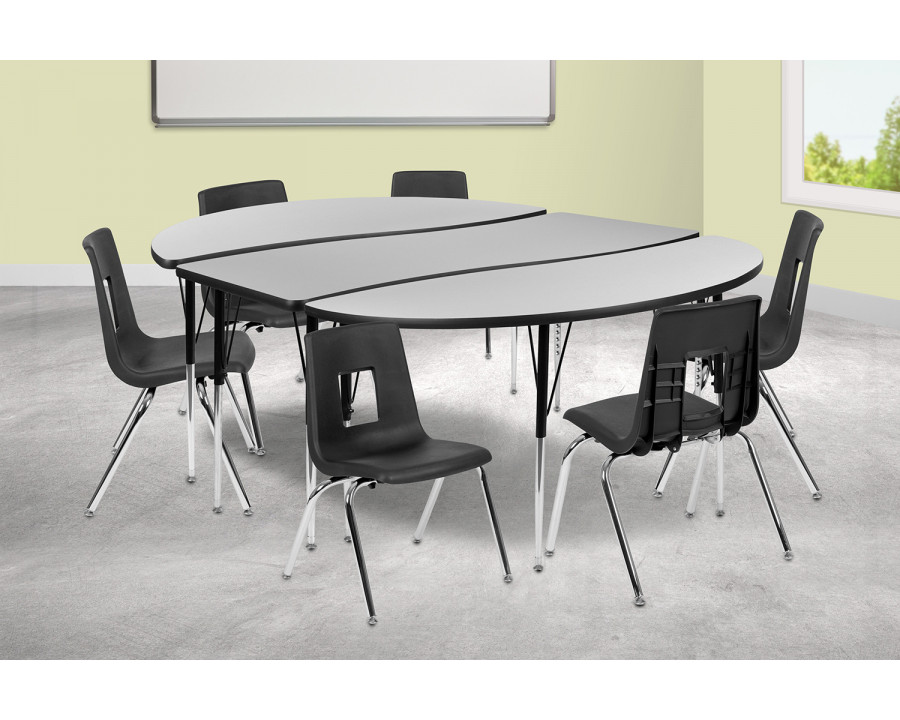 BLNK Emmy Oval Thermal Laminate Wave Flexible Activity Table Set with Chairs - Gray, 86"L, with 16" Student Stack Chairs