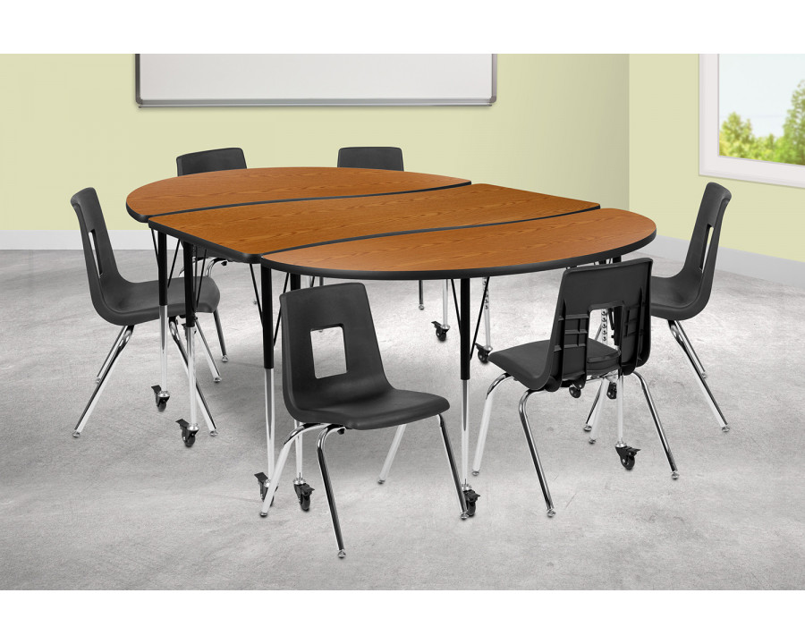 BLNK Emmy Mobile Oval Thermal Laminate Wave Flexible Activity Table Set - Oak, 86"L, with 16" Student Stack Chairs