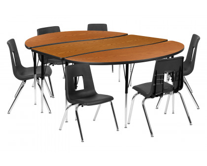 BLNK Emmy Oval Thermal Laminate Wave Flexible Activity Table Set with Chairs - Oak, 86"L, with 16" Student Stack Chairs