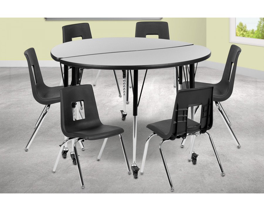 BLNK Emmy Mobile Circle Thermal Laminate Wave Flexible Activity Table Set - Gray, 47.5"D, with 16" Student Stack Chairs