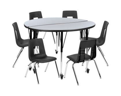 BLNK Emmy Mobile Circle Thermal Laminate Wave Flexible Activity Table Set - Gray, 47.5"D, with 16" Student Stack Chairs