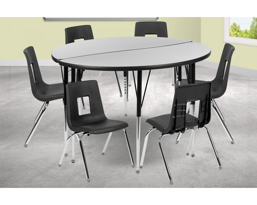 BLNK Emmy Circle Thermal Laminate Wave Flexible Activity Table Set - Gray, 47.5"D, with 16" Student Stack Chairs