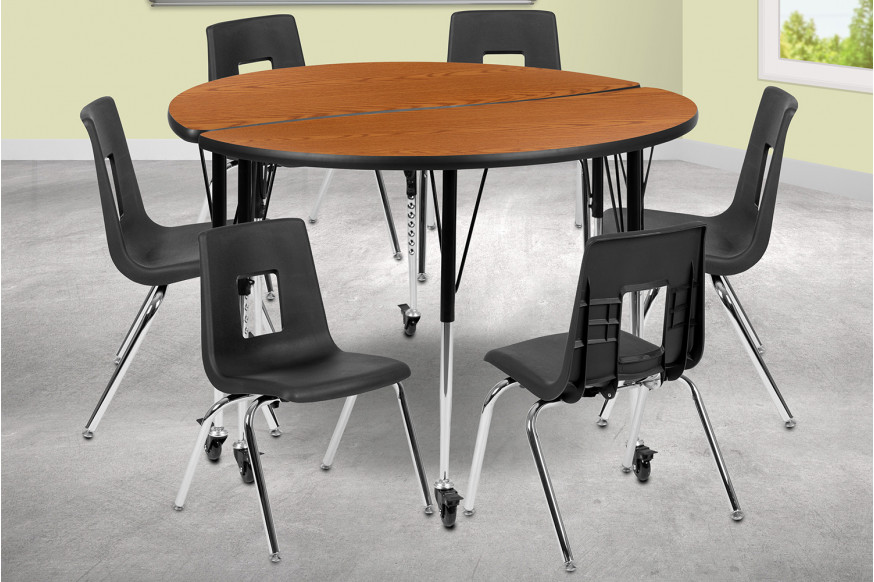 BLNK™ Emmy Mobile Circle Thermal Laminate Wave Flexible Activity Table Set - Oak, 47.5"D, with 16" Student Stack Chairs