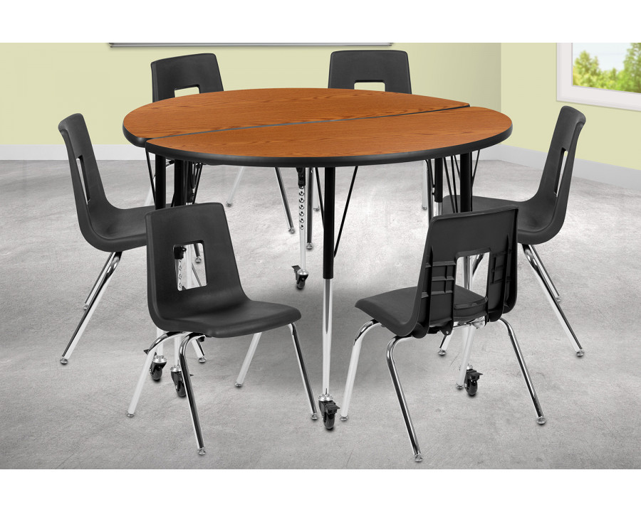 BLNK Emmy Mobile Circle Thermal Laminate Wave Flexible Activity Table Set - Oak, 47.5"D, with 16" Student Stack Chairs