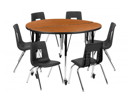 BLNK™ Emmy Mobile Circle Thermal Laminate Wave Flexible Activity Table Set - Oak, 47.5"D, with 16" Student Stack Chairs