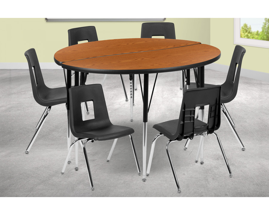 BLNK Emmy Circle Thermal Laminate Wave Flexible Activity Table Set - Oak, 47.5"D, with 16" Student Stack Chairs