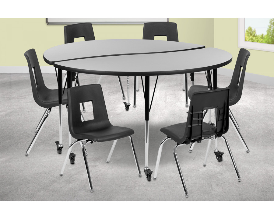 BLNK Emmy Mobile Circle Thermal Laminate Wave Flexible Activity Table Set - Gray, 60"D, with 16" Student Stack Chairs