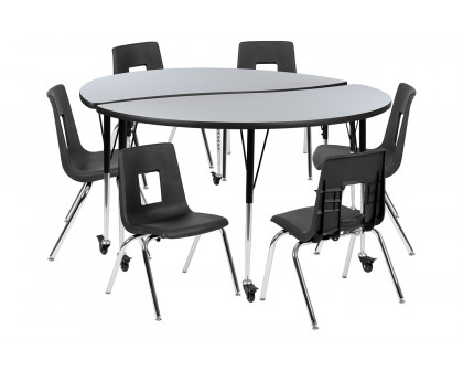 BLNK™ Emmy Mobile Circle Thermal Laminate Wave Flexible Activity Table Set - Gray, 60"D, with 16" Student Stack Chairs