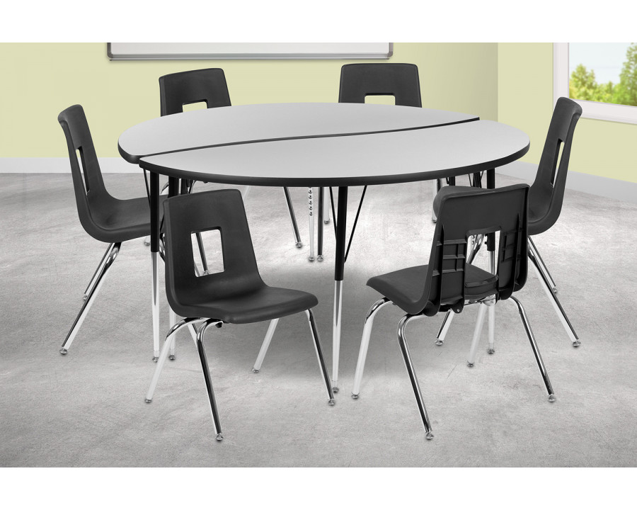 BLNK Emmy Circle Thermal Laminate Wave Flexible Activity Table Set - Gray, 60"D, with 16" Student Stack Chairs