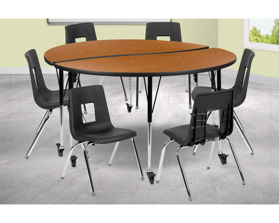 BLNK Emmy Mobile Circle Thermal Laminate Wave Flexible Activity Table Set - Oak, 60"D, with 16" Student Stack Chairs