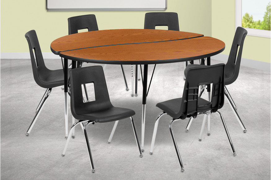 BLNK™ Emmy Circle Thermal Laminate Wave Flexible Activity Table Set - Oak, 60"D, with 16" Student Stack Chairs